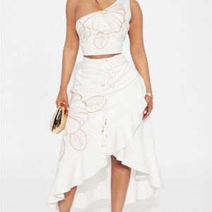 White Top with skirts Gold Floral Embroidery